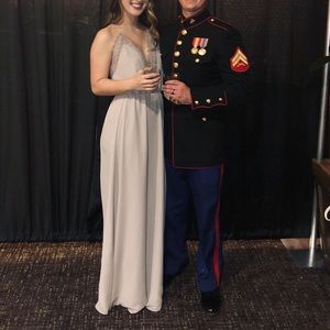 Formal beige lace- trim dress